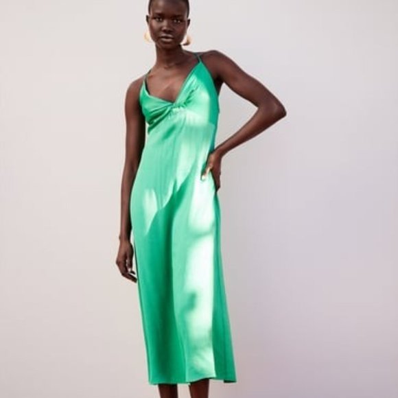 ZARA KNOTTED SLIP DRESS GREEN- NWT - Picture 1 of 1